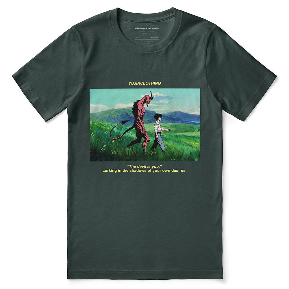 Yūjin Clothing Devil and Boy T-Shirt featuring a graphic print of a devil and boy in bold colors on a black fabric.