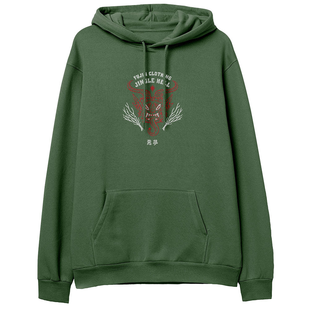 Yūjin Clothing Jingle Hell Christmas hoodie featuring festive holiday design and comfortable fabric, perfect for winter wear.