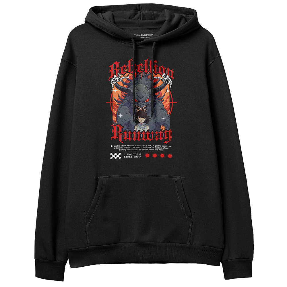 Yūjin Clothing Rebellion Hoodie, black casual hoodie with front print, featuring a relaxed fit and comfortable fabric.