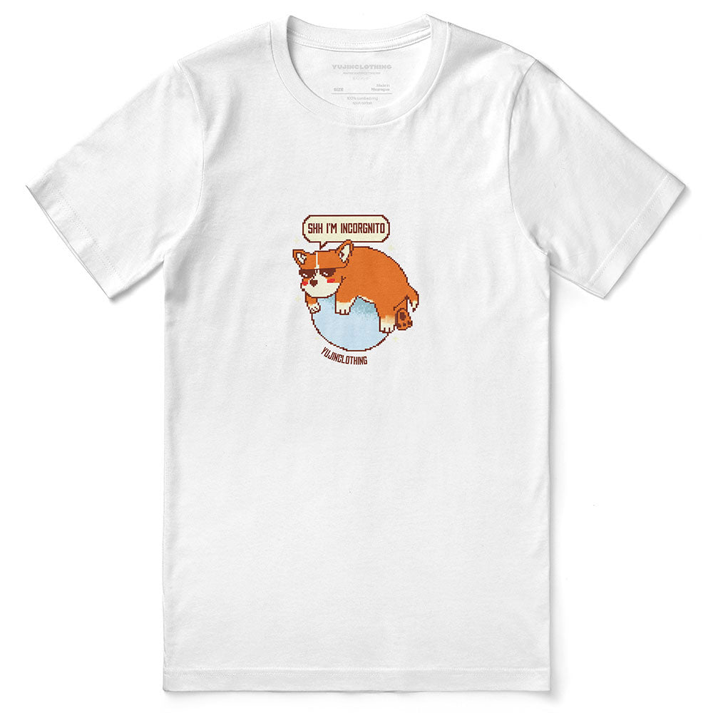 Yūjin Clothing Incognito Corgi Dog T-Shirt featuring a playful corgi graphic on a casual cotton tee for dog lovers.