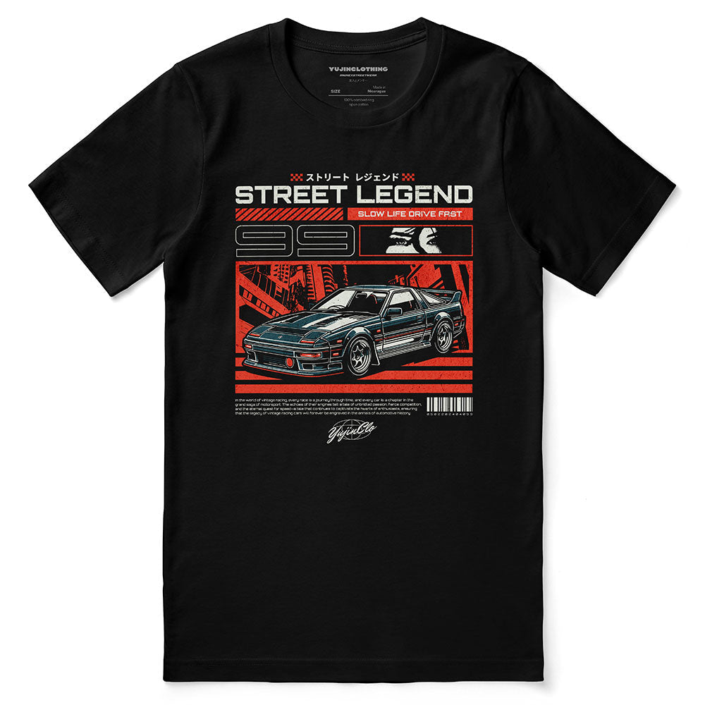 Yūjin Clothing Drive Fast Car T-Shirt featuring a vibrant car graphic on a casual black cotton tee.