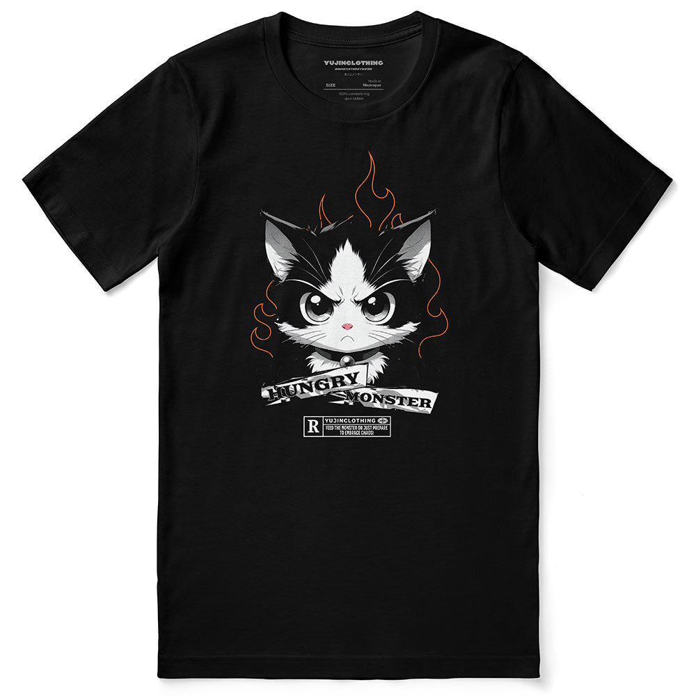 Yūjin Clothing Hungry Cat T-Shirt featuring a playful cat graphic on a casual cotton shirt.