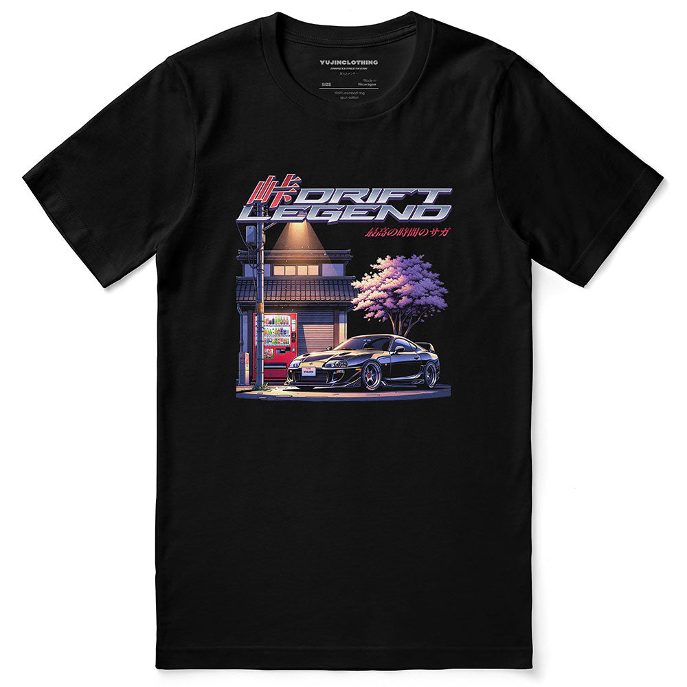 Yūjin Clothing Drift Master Car T-Shirt featuring a graphic design of a drifting car on a casual black t-shirt.