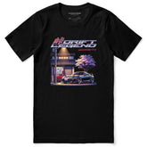 Yūjin Clothing Drift Master Car T-Shirt featuring a graphic design of a drifting car on a casual black t-shirt.