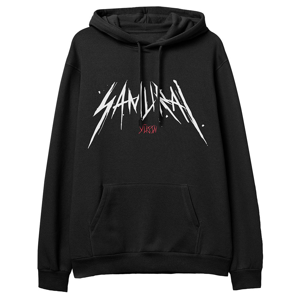 Yūjin Clothing Samurai Hoodie featuring a detailed samurai warrior graphic on soft, comfortable fabric for streetwear style.
