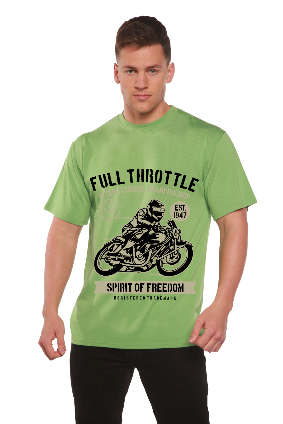 Mens printed T-shirt from Spun Bamboo featuring bamboo viscose and organic cotton, short sleeves, with a graphic design.