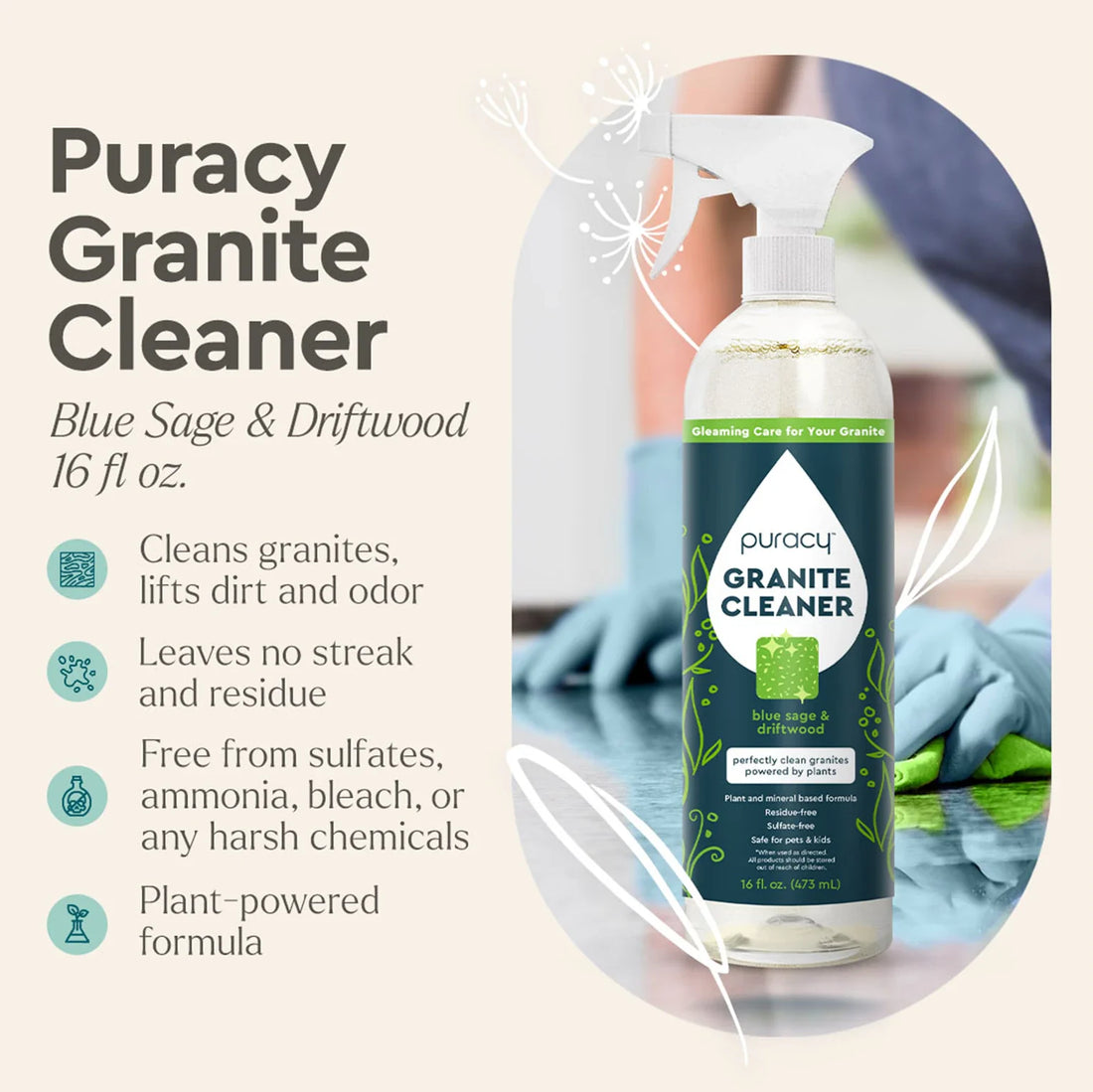 Puracy Granite Cleaner in a spray bottle, designed for cleaning and polishing granite surfaces with natural, effective formula.