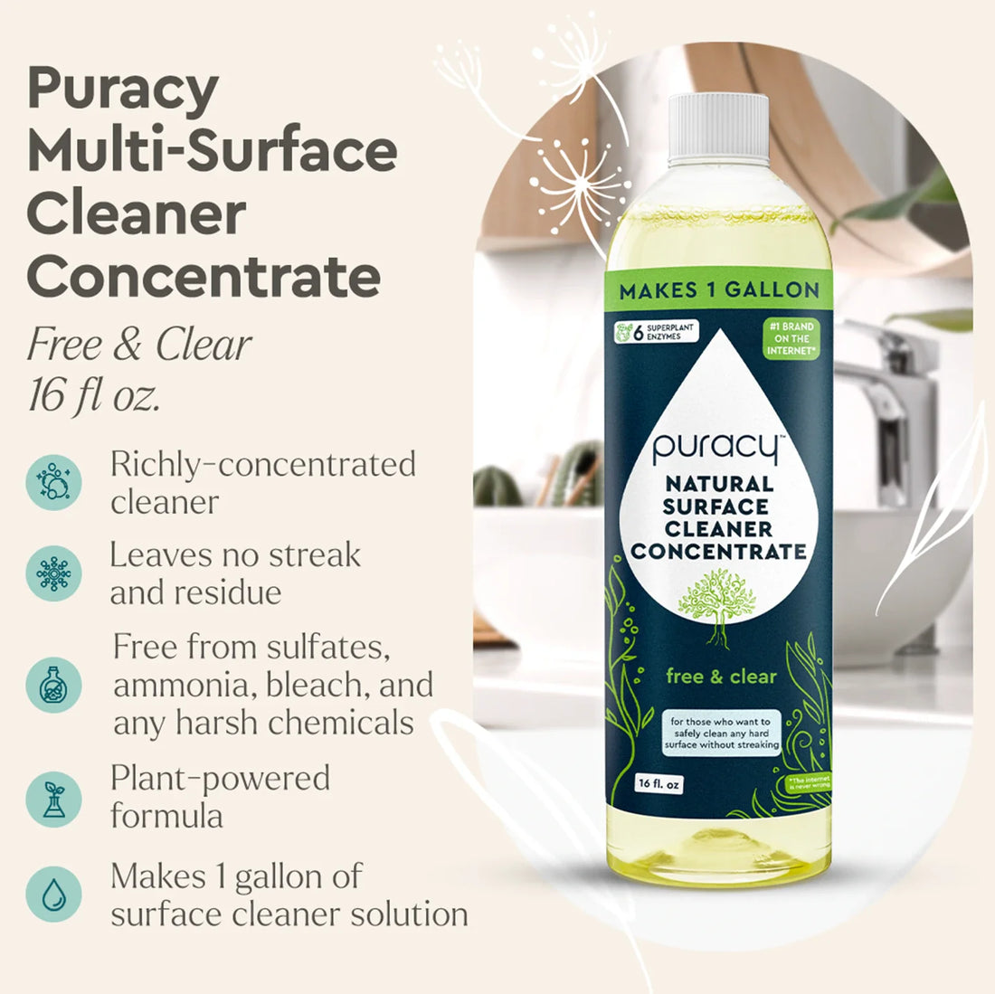 Puracy Everyday Multi-Surface Cleaner in a spray bottle, showing a clean, shiny kitchen countertop with fresh, natural ingredients.