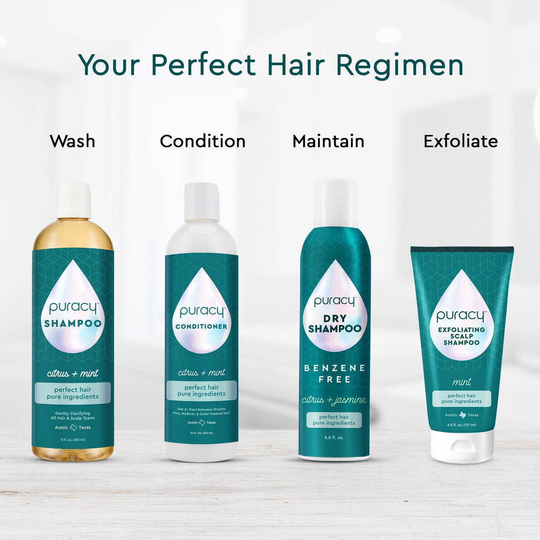 Puracy dry shampoo with benzene and silicone-free formula, shown in a spray bottle, designed for color-safe hair refreshment.
