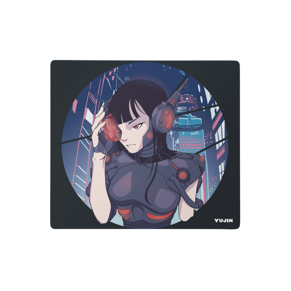 Cyberpunk girl design gaming mouse pad by Yūjin Clothing, featuring vibrant cyberpunk artwork on a smooth surface.