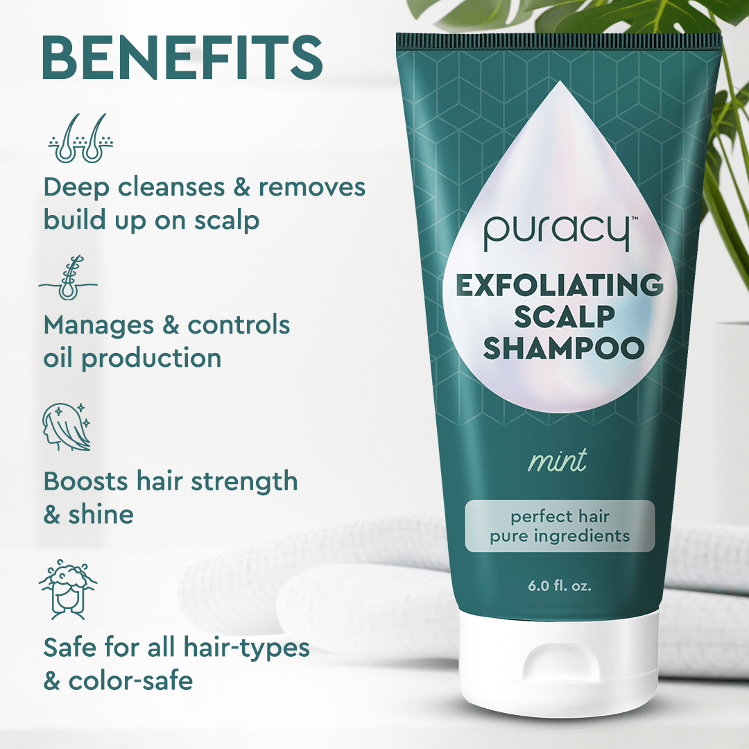 Puracy Exfoliating Scalp Shampoo bottle with pump dispenser, showing the product label and clear liquid inside.