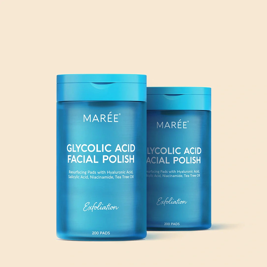 Maree Glycolic Acid Pads arranged in a box, 200-piece skincare treatment for exfoliation and skin renewal.