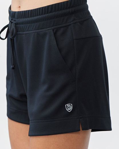 Black G5 Advance 4.5-inch knit shorts by Goal Five, showing a close-up of the soft, stretchy fabric and comfortable fit.