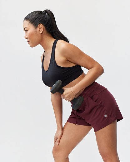 Goal Five G5 Advance 4.5-inch knit shorts in merlot, showing the stylish, comfortable design and soft fabric.