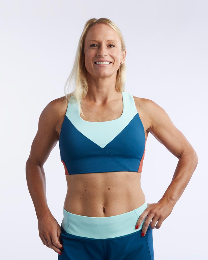 Goal Five Pionxr Training Bra Top in rose cinnabar color, shown on a model, designed for activewear and sports training.