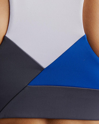 Goal Five Pionxr training bra top in azure and carbon opal with a supportive back design.