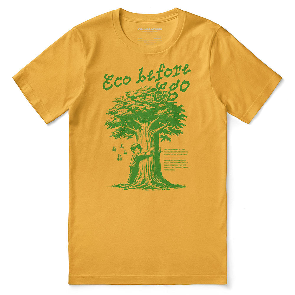 Yūjin Clothing Eco Before Ego T-Shirt showing a casual fit, eco-friendly fabric, and a modern, stylish design.