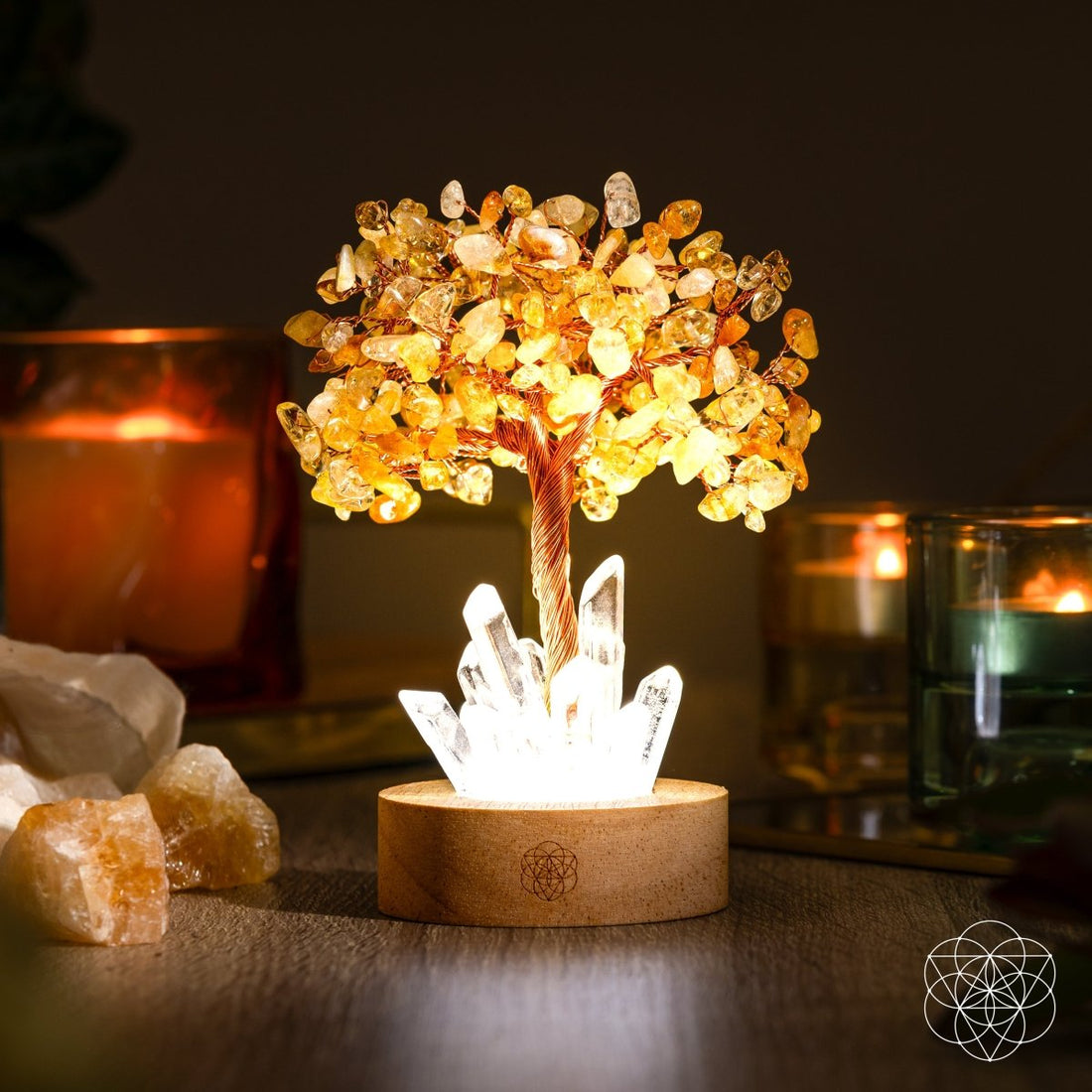 Golden Lamp of Wealth Citrine Tree night light featuring a golden-colored tree design, symbolizing prosperity and abundance.