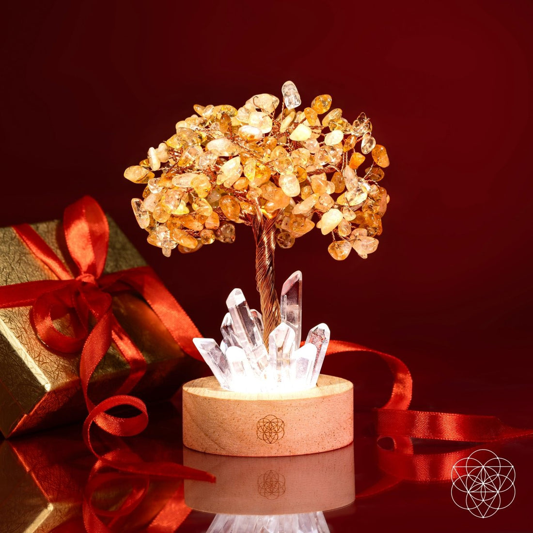 Golden Lamp of Wealth night light featuring a citrine tree design by Conscious Items, with a warm, glowing golden finish.