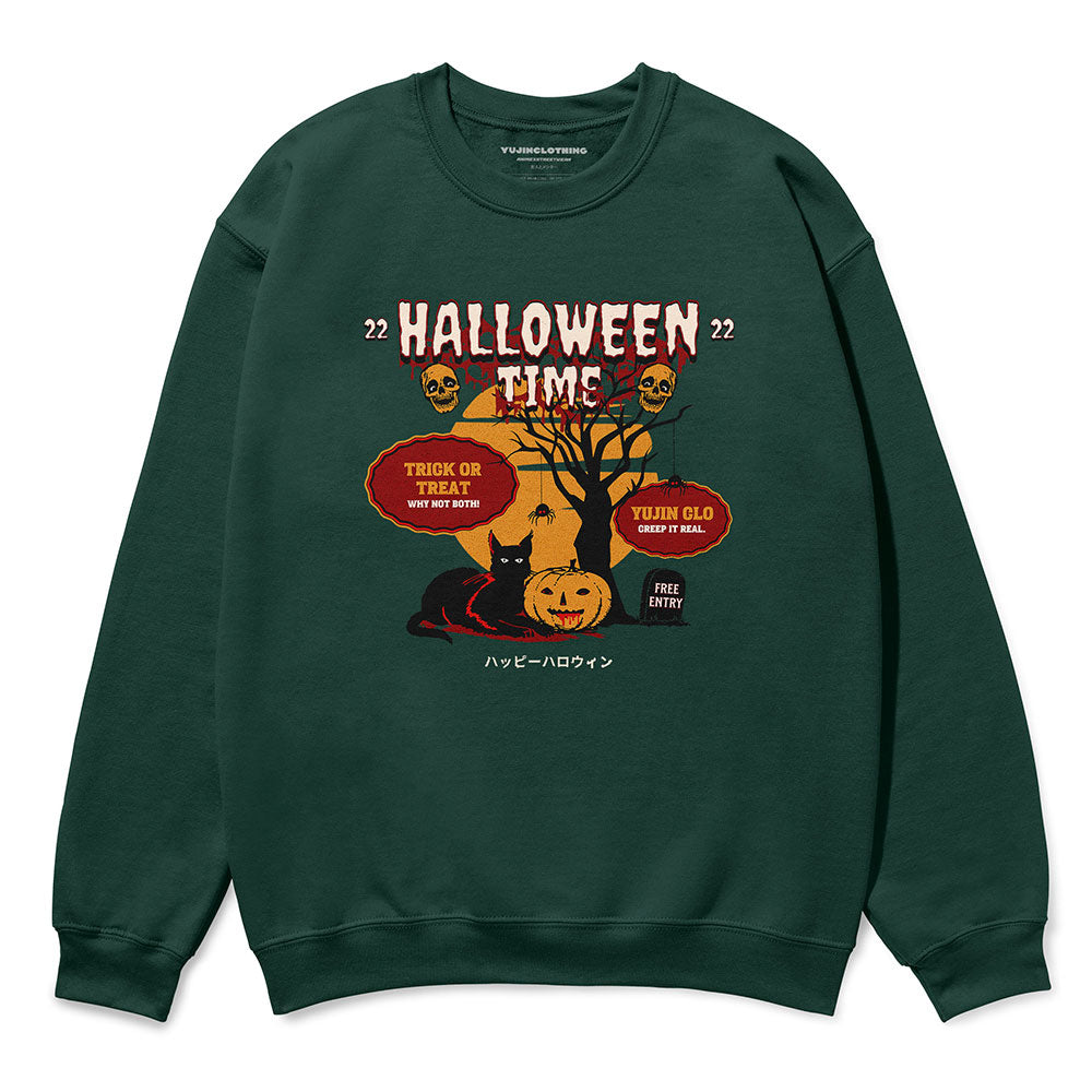 Yūjin Clothing Halloween Time sweatshirt featuring festive Halloween design in cozy, comfortable fabric for seasonal wear.