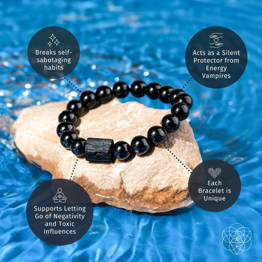 Black obsidian and tourmaline bracelet by Conscious Items, featuring polished stones on a stretch cord for protective healing.