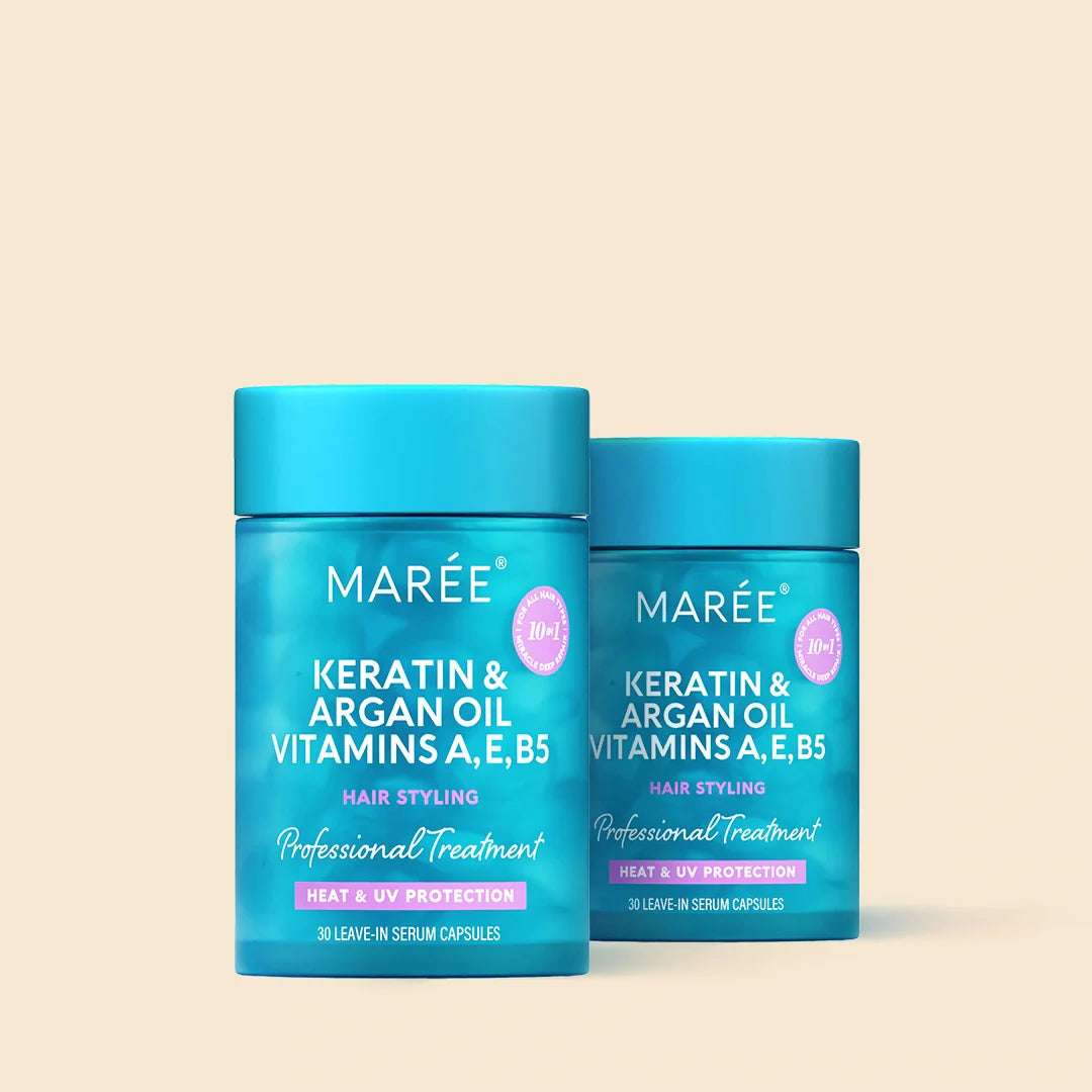 Maree Keratin Oil Capsules for frizz control, featuring soft gel capsules with nourishing keratin oil for smooth hair.