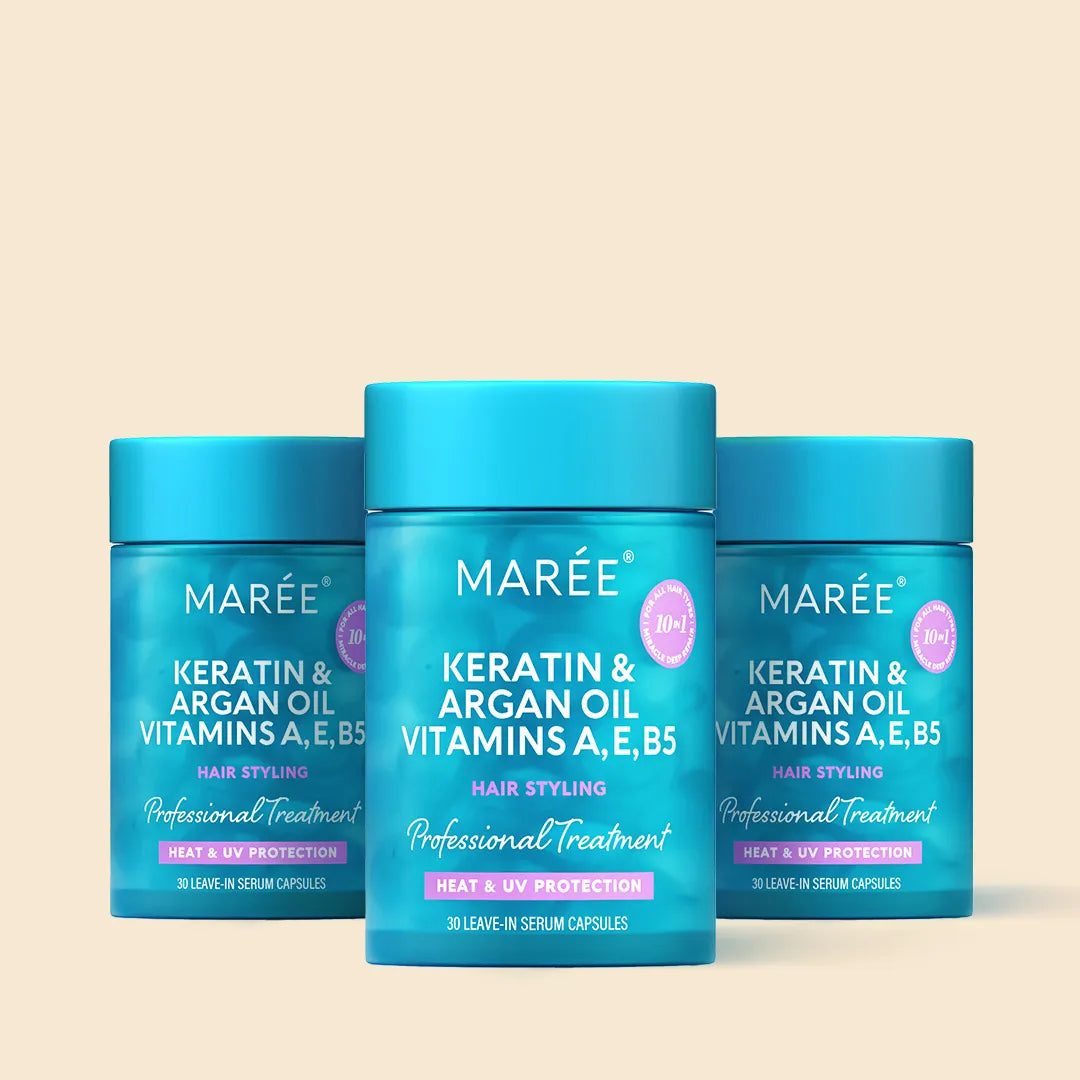 Maree keratin oil capsules for frizz control, showing the small, golden capsules designed to smooth and strengthen hair.