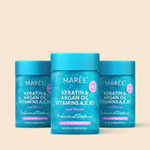 Maree keratin oil capsules for frizz control, showing the small, golden capsules designed to smooth and strengthen hair.
