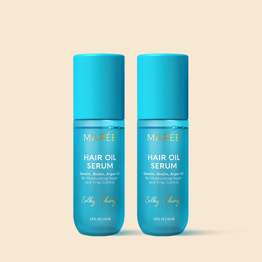 Maree Keratin Oil Serum for smooth, shiny hair, showing a clear bottle with dropper applicator and silky hair strands.