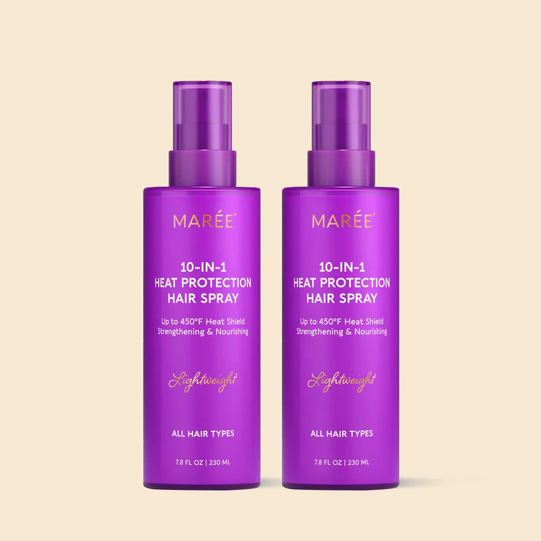 Maree Heat Styling Protective Hair Spray bottle with spray nozzle, designed to protect hair during heat styling.