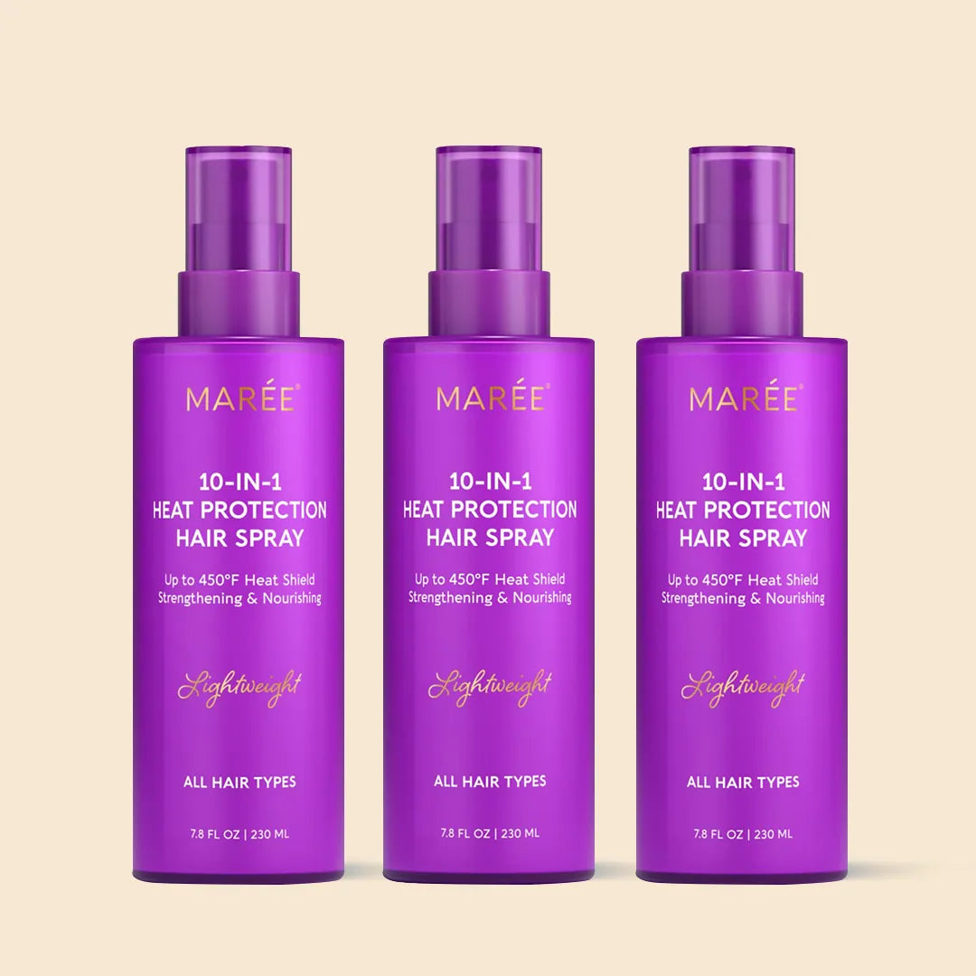 Maree Heat Styling Protective Hair Spray bottle with 10-in-1 formula, designed for heat protection and styling versatility.