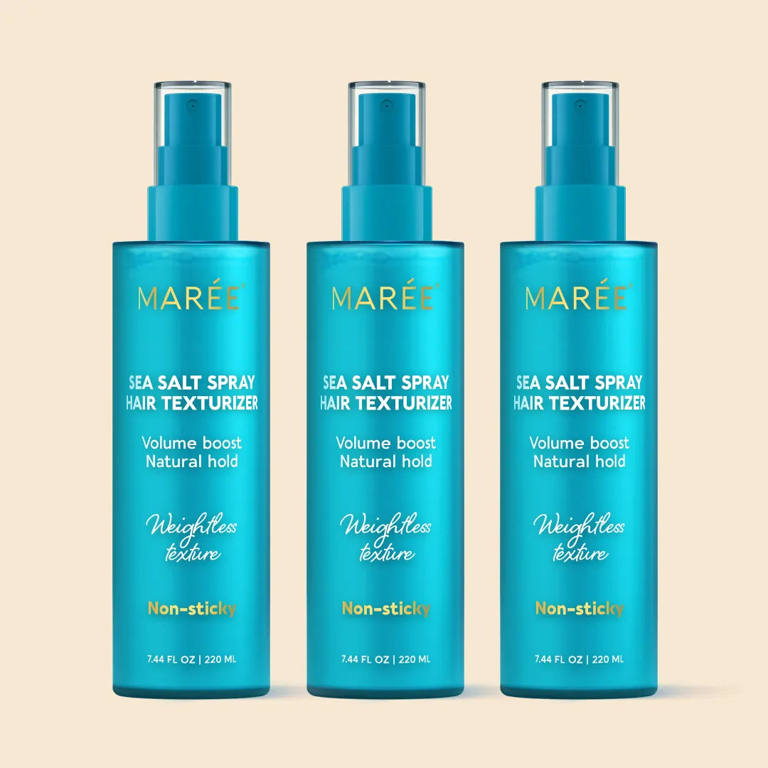 Maree Keratin &amp; Sea Salt Hair Texturizer bottle with textured hair, showing natural beachy waves and product details.