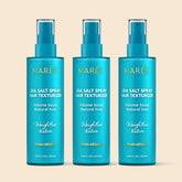 Maree Keratin & Sea Salt Hair Texturizer bottle with textured hair, showing natural beachy waves and product details.