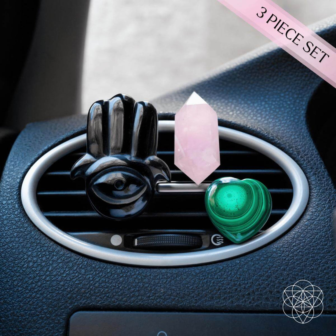 Hamsa Hand of Safe Travels aromatherapy crystal car kit with various healing stones and a decorative Hamsa pendant.