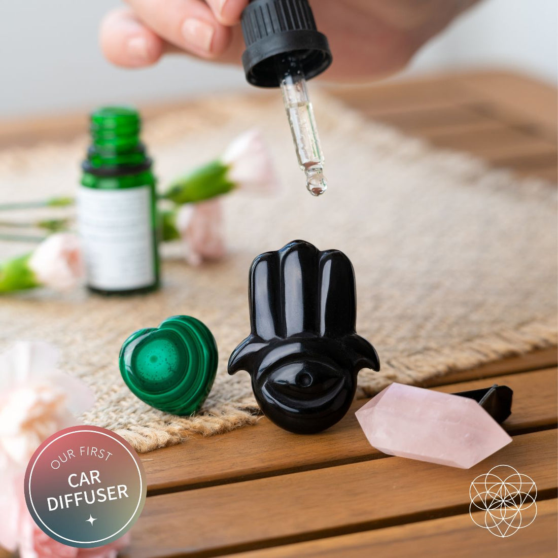 Hamsa Hand of Safe Travels aromatherapy crystal car kit by Conscious Items, including various healing crystals and a Hamsa charm.