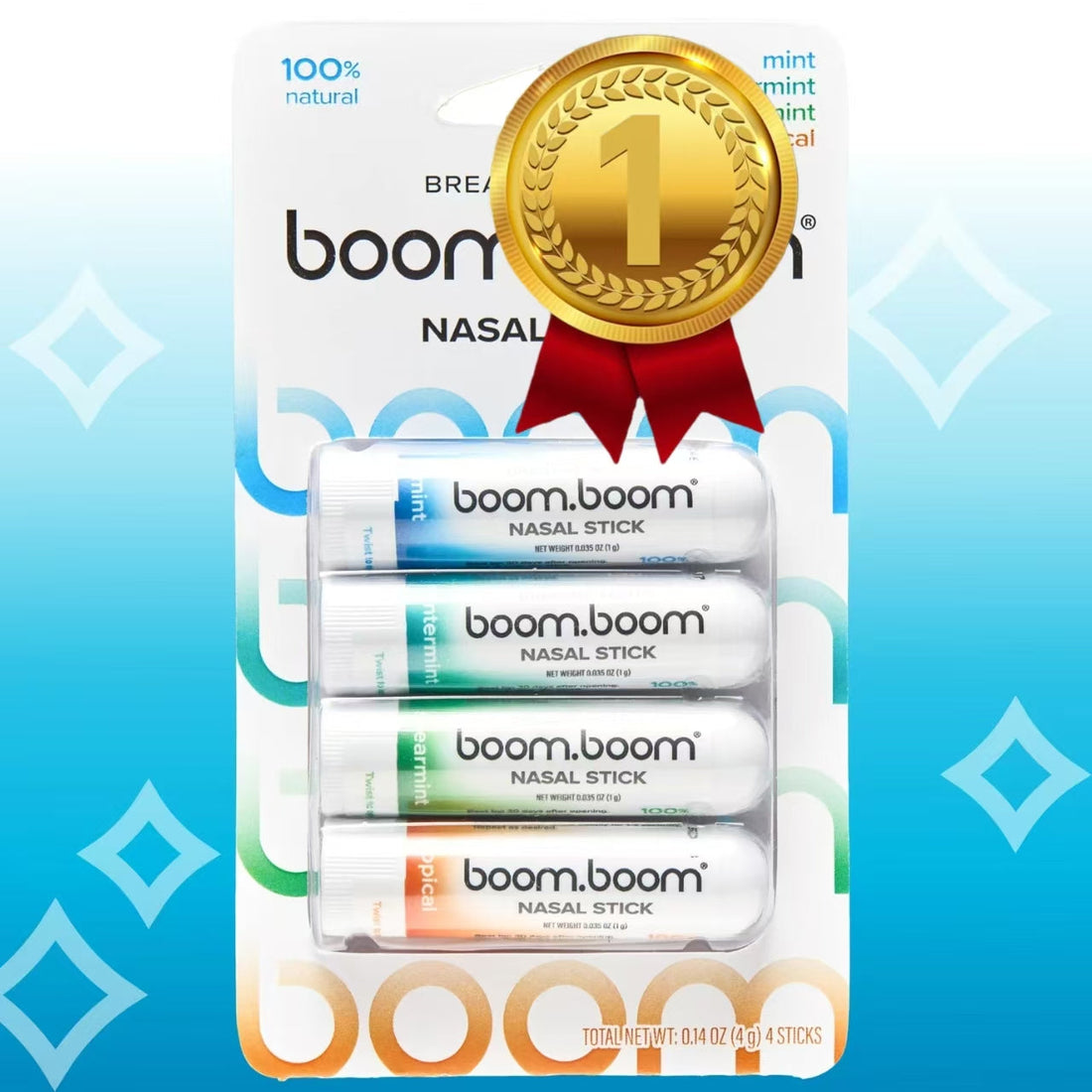 Healthova BoomBoom Nasal Stick with vapor flow technology, mint scent, natural ingredients, and menthol for refreshing inhalation.