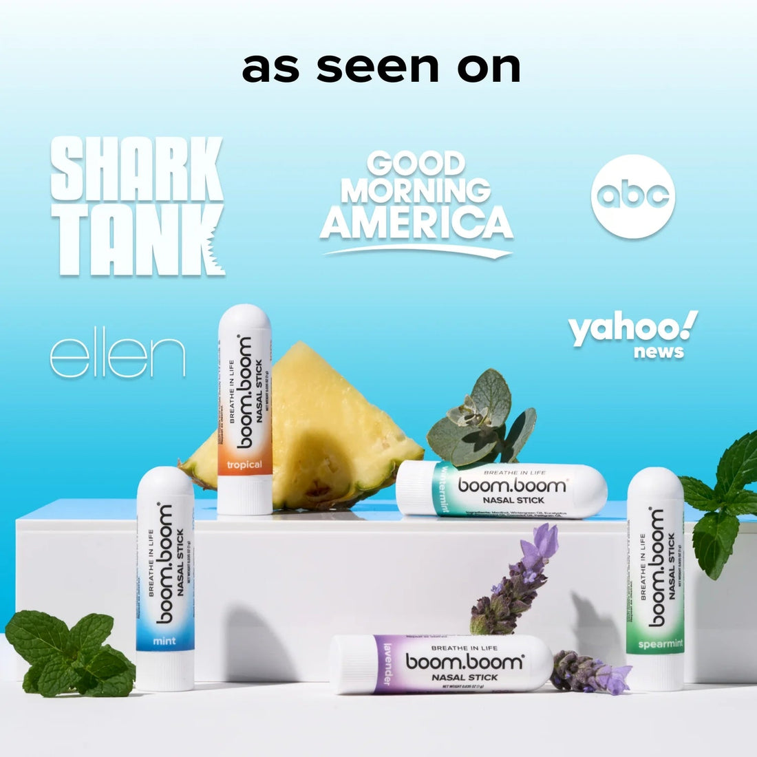 Healthova BoomBoom Nasal Stick with Vapor Flow Technology, mint and essential oils for a cool, refreshing, natural mood boost.