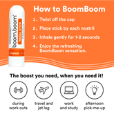 Healthova BoomBoom Nasal Stick with vapor flow technology, featuring mint, wintermint, and tropical essential oils for a refreshing boost.