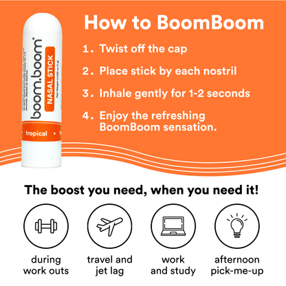 Healthova BoomBoom Nasal Stick with vapor flow technology, featuring mint, wintermint, and tropical essential oils for a refreshing boost.