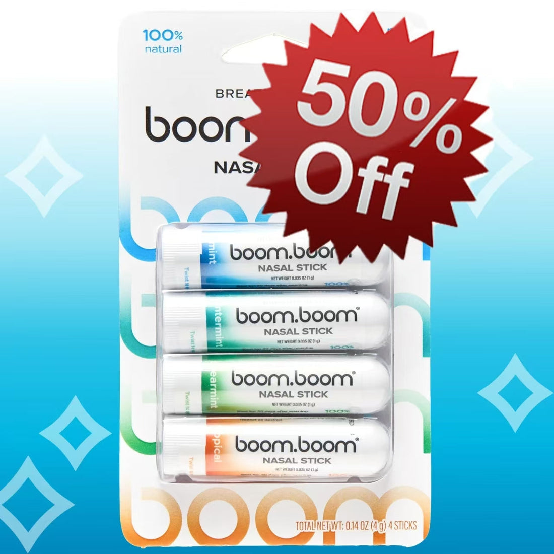 Healthova BoomBoom Nasal Stick with vapor flow technology, mint, wintermint, and tropical scents for a cool, refreshing mood boost.