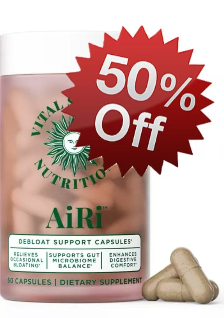 Healthova Debloat Support Capsules by AiRi, Vital Source Nutrition, in a bottle showing the supplement capsules.