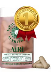 Debloat Support Capsules by AiRi from Vital Source Nutrition in a white bottle with supplement capsules visible.