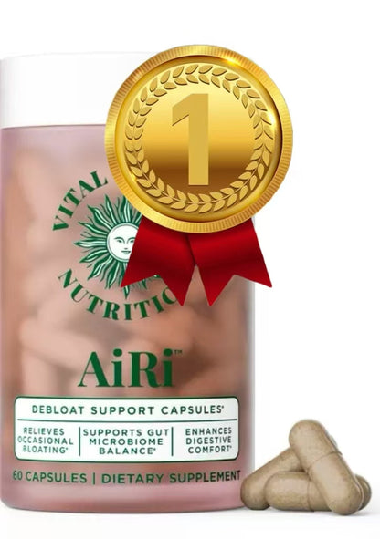 Debloat Support Capsules by AiRi from Vital Source Nutrition in a white bottle with supplement capsules visible.