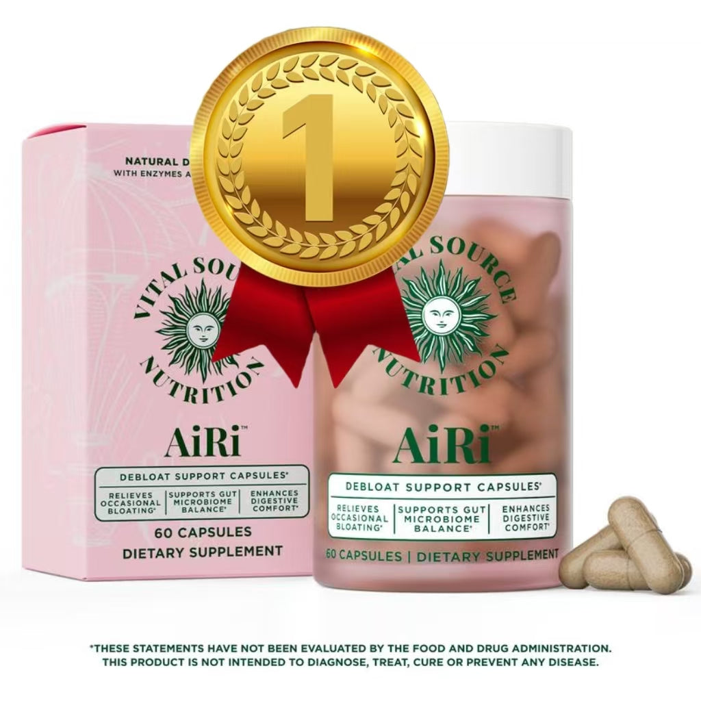 Healthova Debloat Support Capsules by AiRi Vital Source Nutrition, showing the supplement bottle with label and capsules inside.