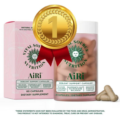 Healthova Debloat Support Capsules by AiRi Vital Source Nutrition, showing the supplement bottle with label and capsules inside.