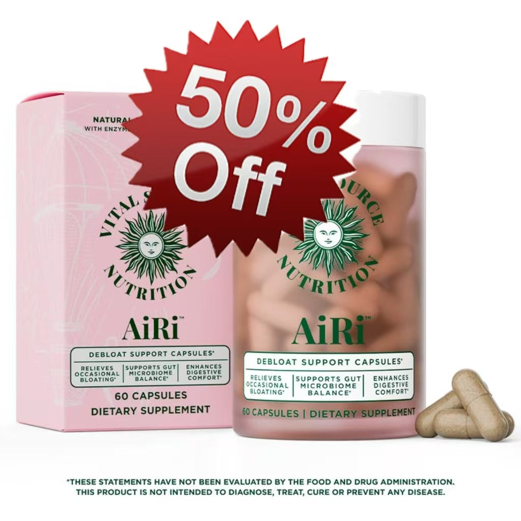 Healthova Debloat Support Capsules by AiRi Vital Source Nutrition, showing the bottle with capsules inside.