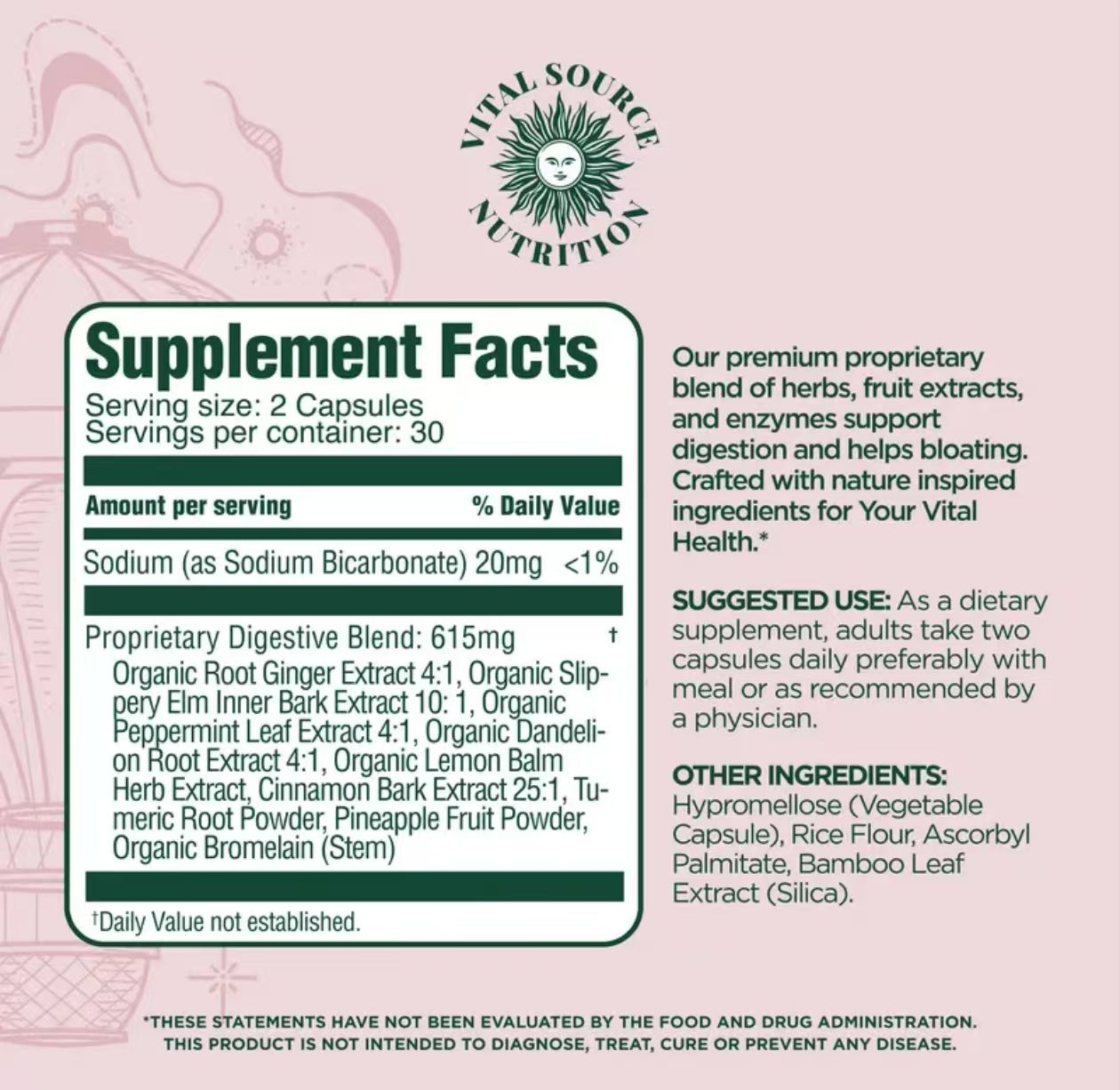 Healthova Debloat Support Capsules from AiRi Vital Source Nutrition, showing the supplement bottle with label details.