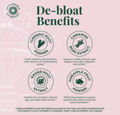 Healthova Debloat Support Capsules from AiRi Vital Source Nutrition, showing the supplement bottle with label details.