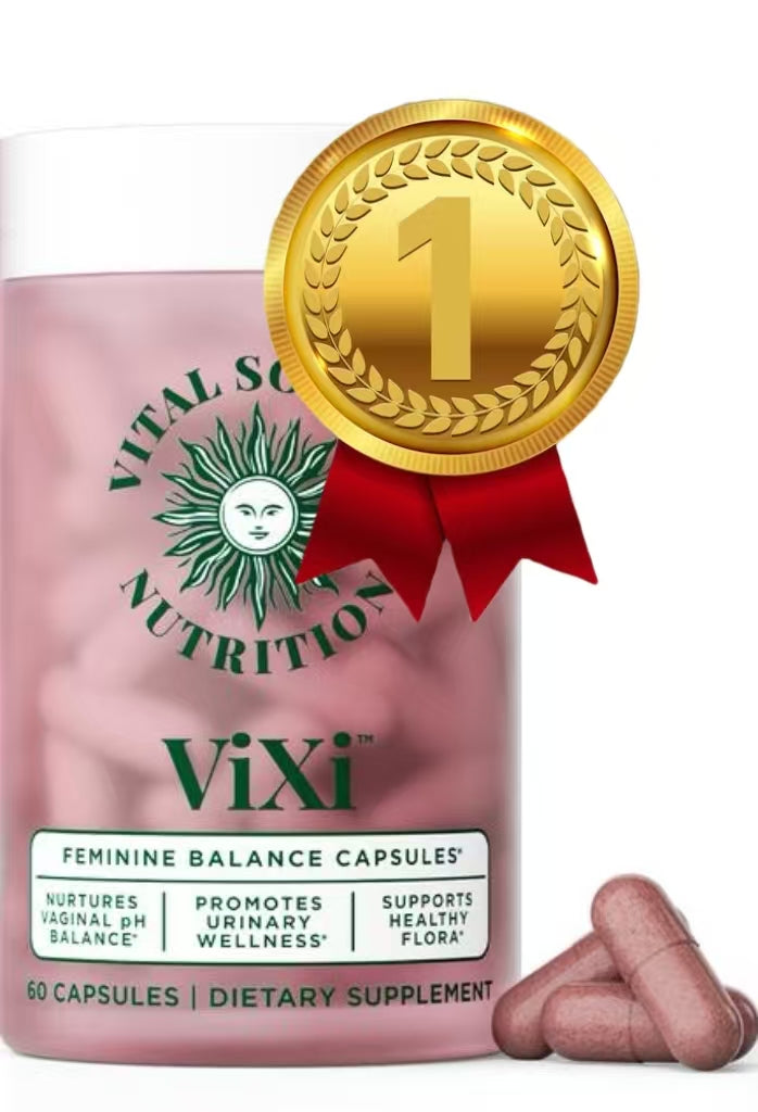 Feminine Balance Capsules by Healthova, showing the supplement bottle with label and capsules inside a white background