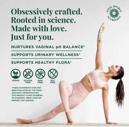 Healthova Feminine Balance Capsules by ViXi Vital Source Nutrition, showing the bottle with label and capsules inside.